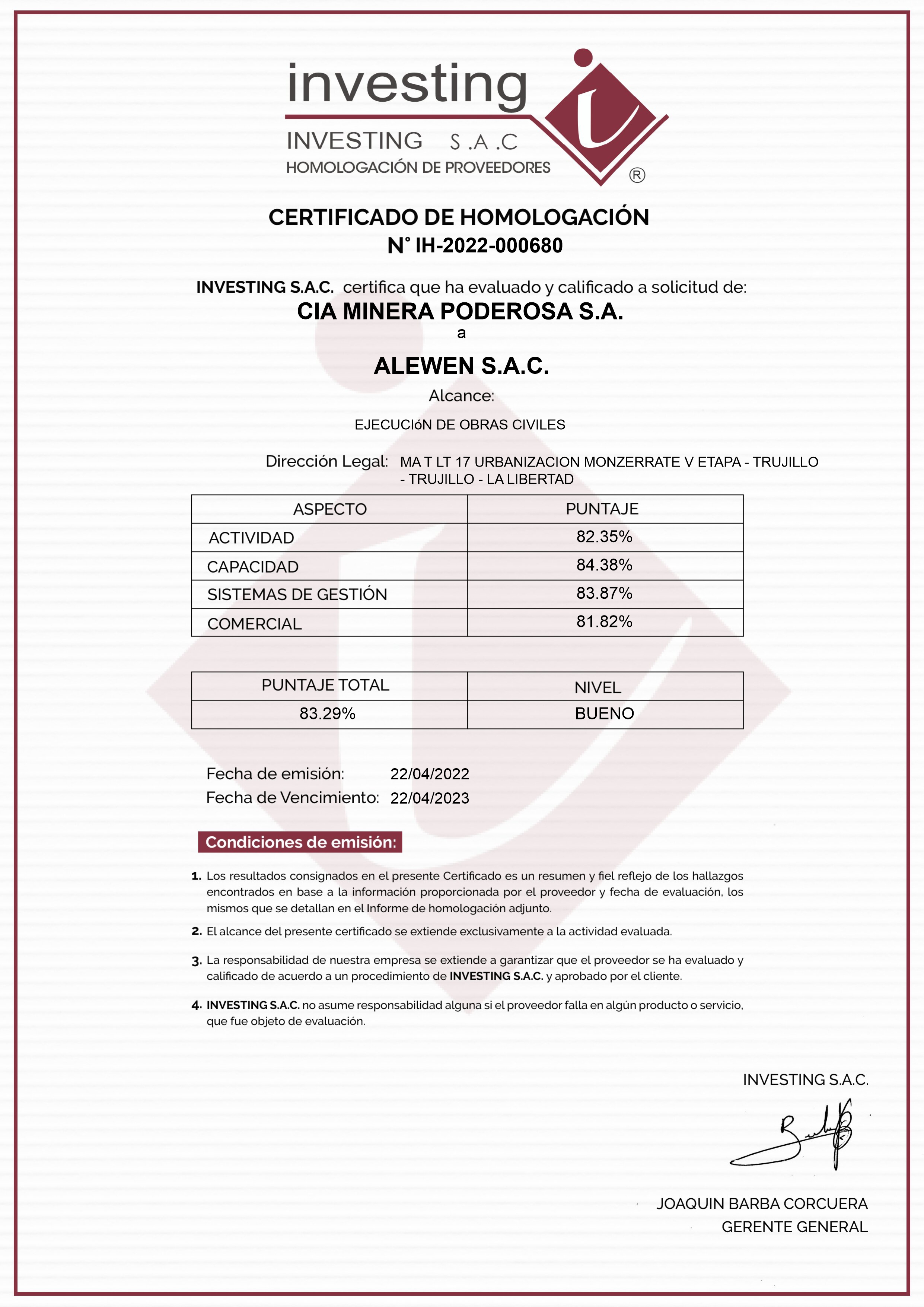 CERTIFICADO DE HOMOLOGACION INVESTING